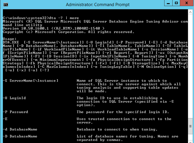 Screenshot der Hilfefunktion des Befehlszeilenprogramms DTA cmd.
