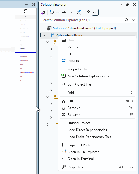 Screenshot des Lösungs-Explorers in SQL Server Management Studio, in dem die Buildoption verfügbar ist.