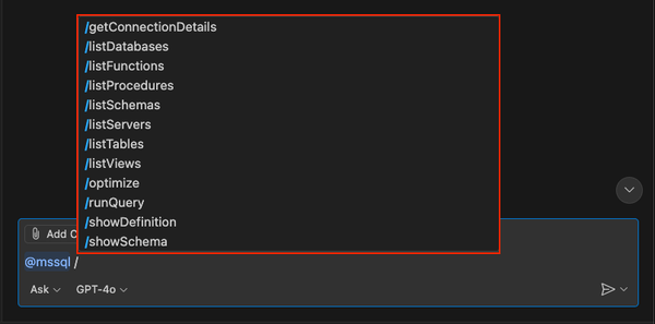 Screenshot der zweiten Gruppe von Optionen für Slash-Befehle in der MSSQL-Erweiterung im GitHub Copilot-Chat.
