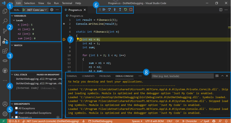 Screenshot der Übersicht über den Visual Studio Code-Debugger.