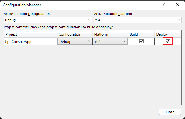 Screenshot des Configuration Manager im Visual Studio Solution Explorer. Die Debugkonfiguration ist aktiviert, und bereitstellen ist aktiviert.