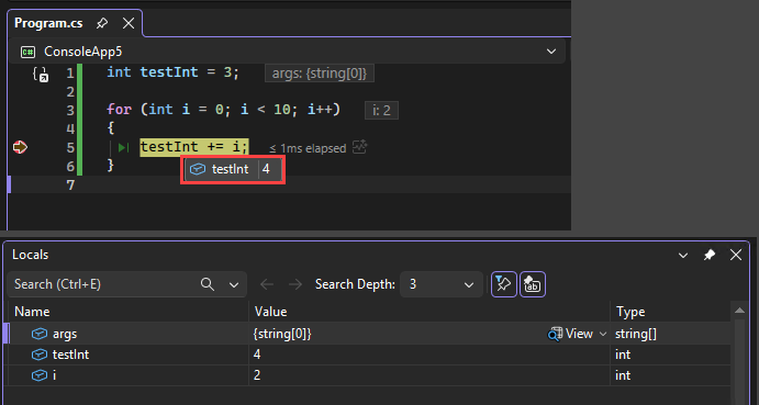 Screenshot, der einen Haltepunkt zeigt.