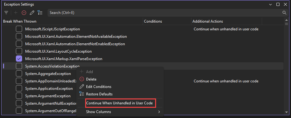 Screenshot der Einstellung „Fortsetzen bei nicht behandeltem Code im Benutzercode“.