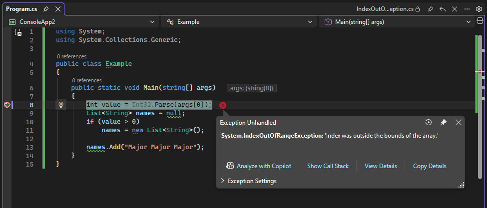Screenshot der Schaltfläche Ask Copilot in einer Ausnahme.