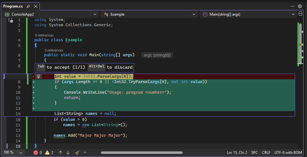 Screenshot von Fixvorschlägen von Copilot.
