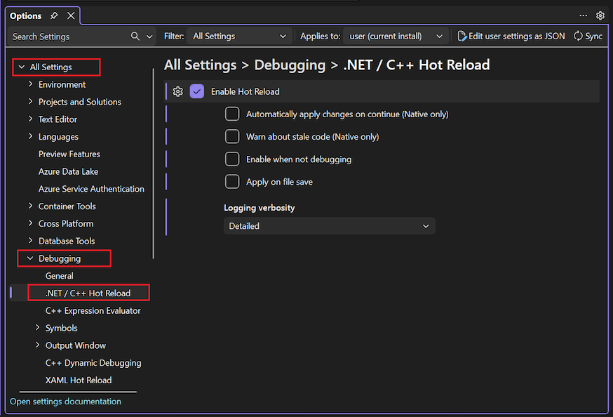 Screenshot der Einstellungen für .NET C++-Hot Reload in Visual Studio.