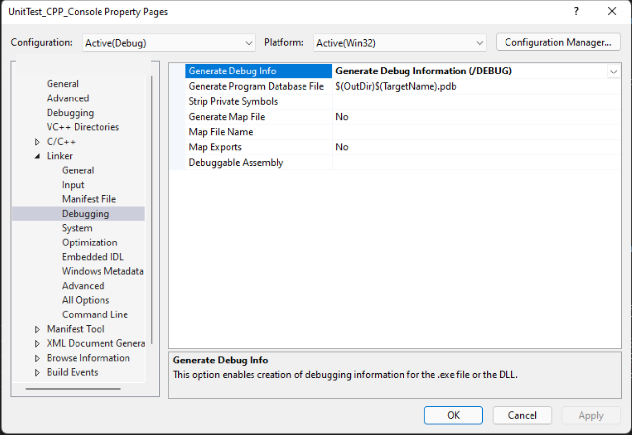 Screenshot der Eigenschaftenseite für Debugging.
