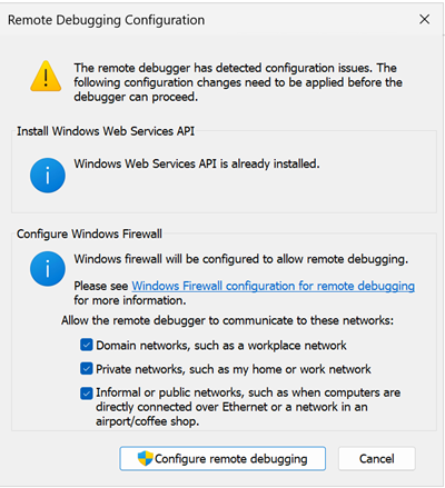 Screenshot der Remotedebuggerkonfiguration.