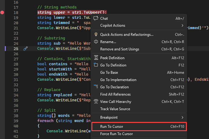 Screenshot, der die Option „Ausführen bis Cursor“ zeigt.