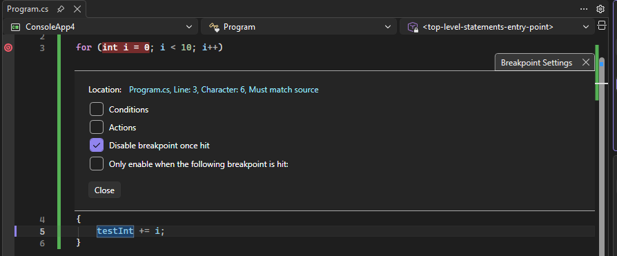 Screenshot eines temporären Haltepunkts.