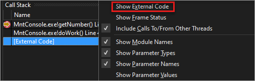 Screenshot: „Externen Code anzeigen“ im Fenster „Aufrufliste“.