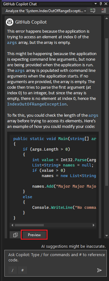 Screenshot der Vorschauschaltfläche im Copilot Chat window.