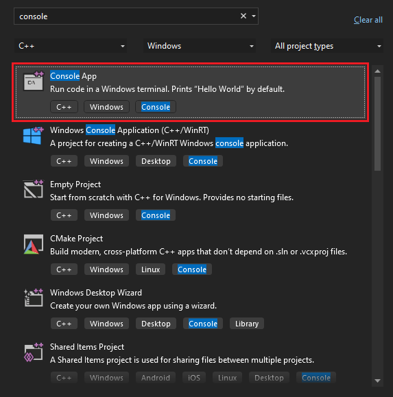 Screenshot, der zeigt, wie Die Konsolen-App-Vorlage im Startfenster von Visual Studio 2022 gesucht und ausgewählt wird.