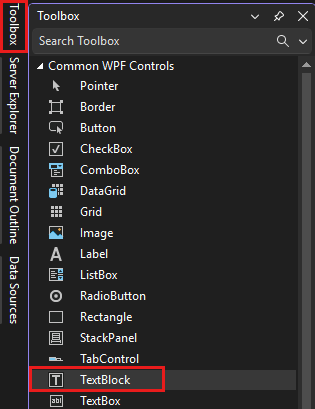 Screenshot des Toolbox-Fensters mit hervorgehobenem TextBlock-Steuerelement in der Liste der allgemeinen WPF-Steuerelemente.