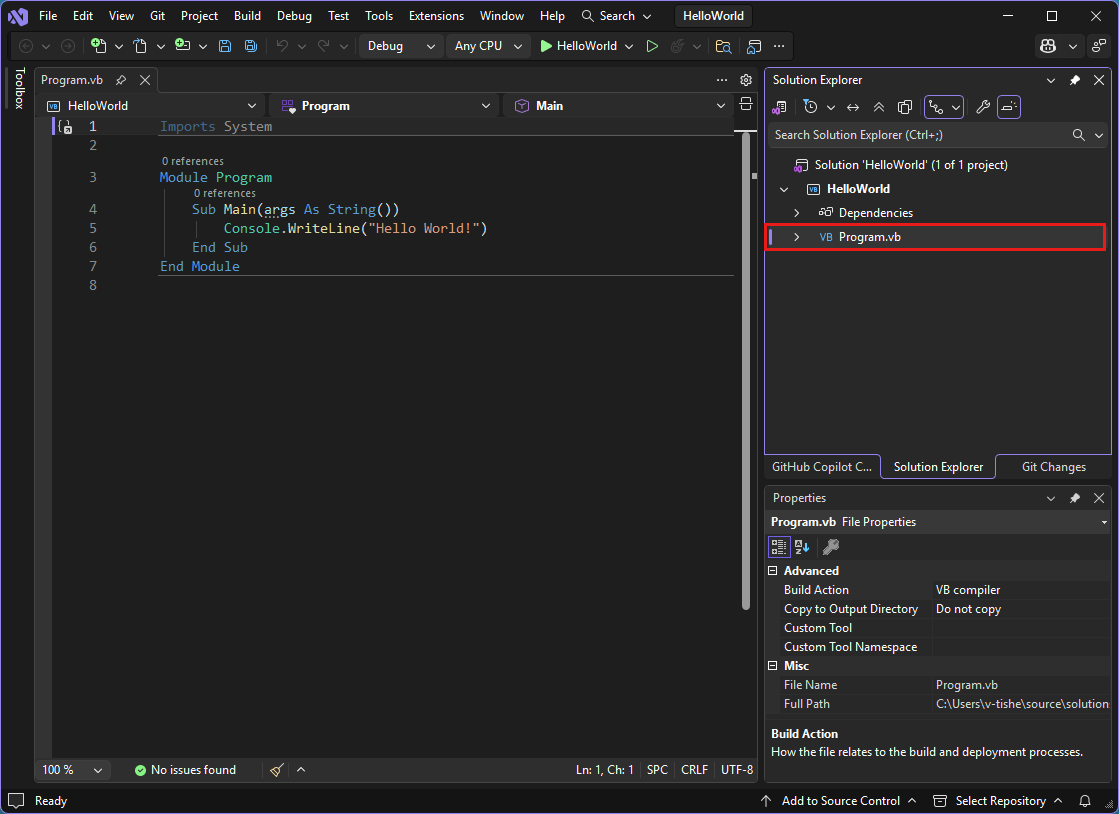Screenshot, das die Visual Studio-IDE mit dem Program.vb-Code im Editor zeigt.