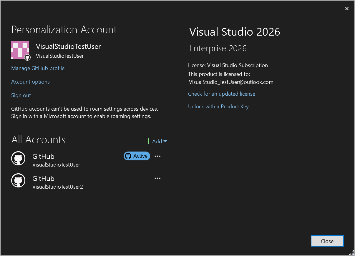 Screenshot mit mehreren GitHub-Konten im Dialogfeld 