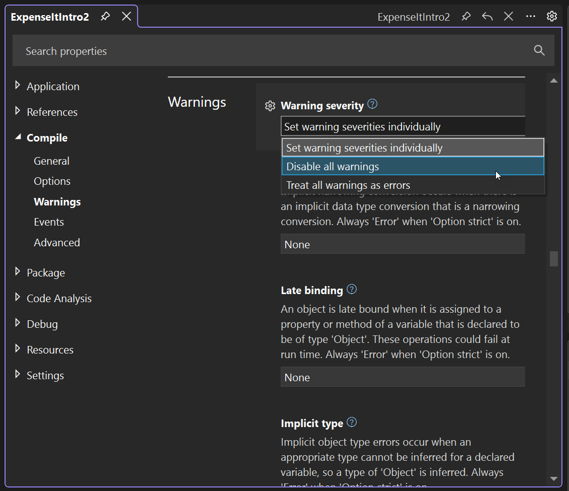 Screenshot der Deaktivierung von Warnungen auf der Registerkarte 