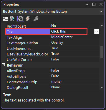 Screenshot: Text-Eigenschaft mit dem Wert „Click this“