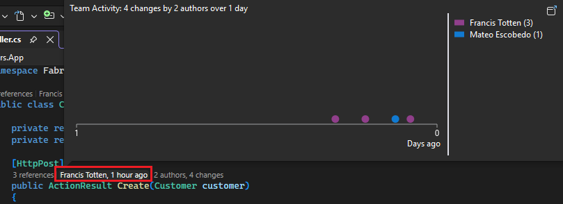 Screenshot mit Indikatoren auf Code-Elementebene für Teambeiträge in CodeLens für Visual Studio.