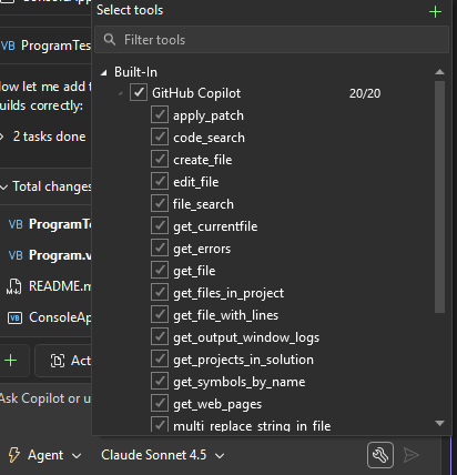 Screenshot mit der Toolauswahl für die Copilot-Agent.
