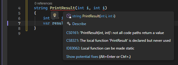 Screenshot der grundlegenden Quick Action-Empfehlung und des Glühbirnensymbols in Visual Studio.