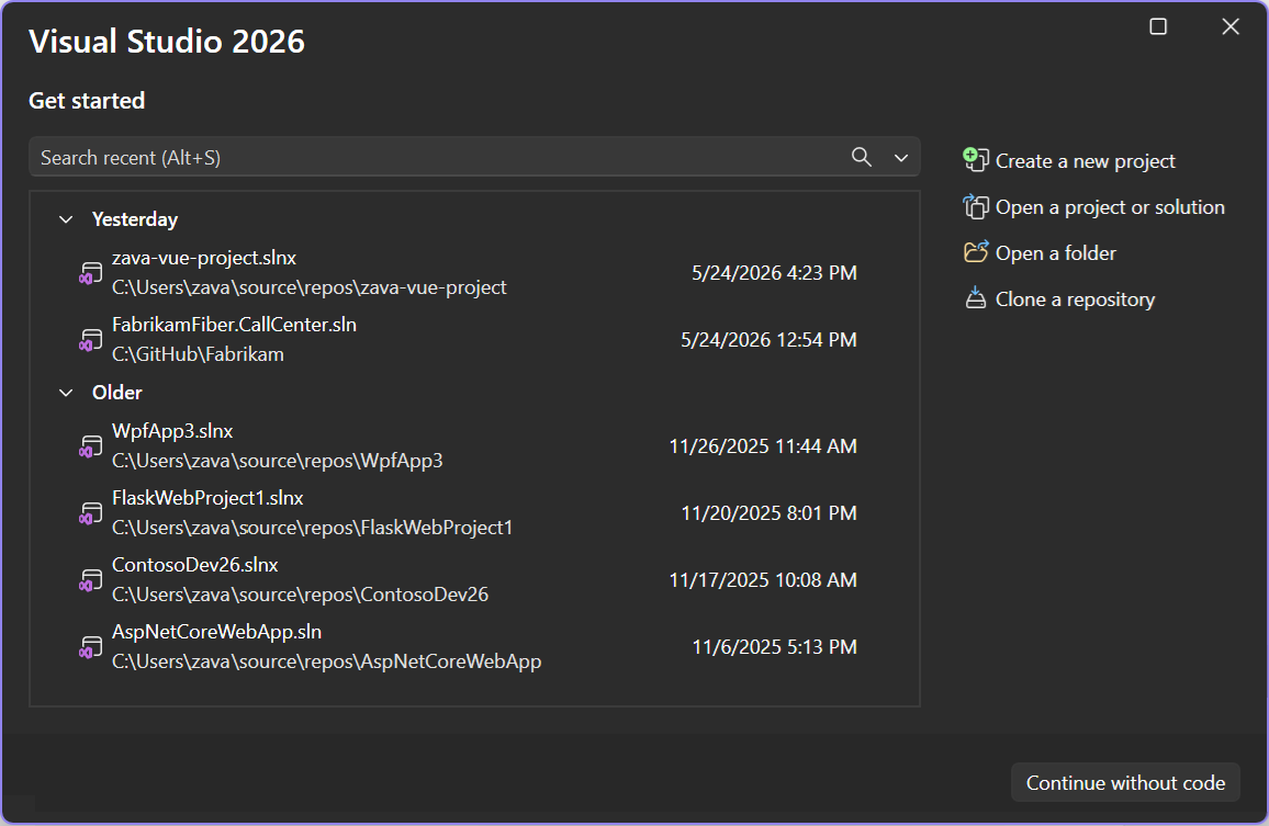Screenshot des Startfensters, wenn Visual Studio geöffnet wird.