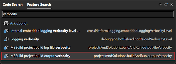 Screenshot, der zeigt, wie das Suchfeld in Visual Studio verwendet wird.