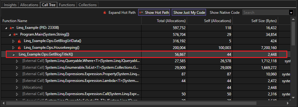 Screenshot der reduzierten Speicherzuweisungen im .NET-Objektzuweisungstool.