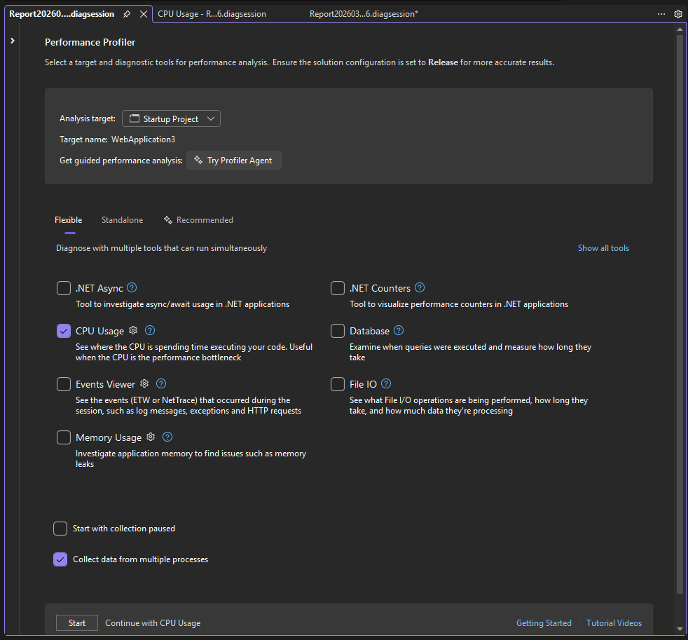 Screenshot, der die Auswahl von Mehrprozessdaten zeigt.