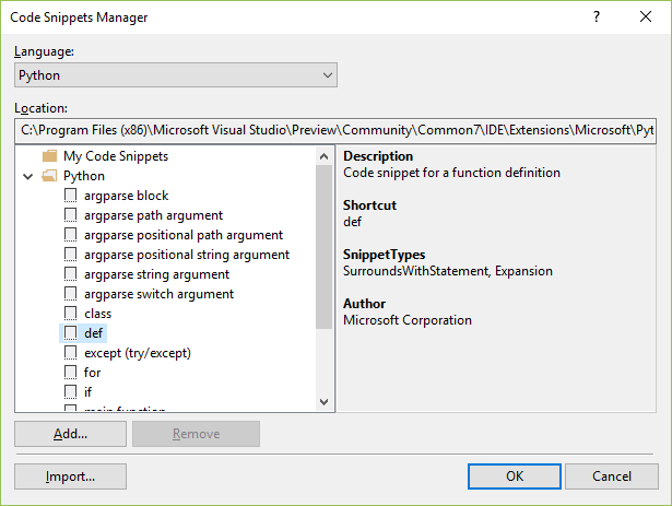 Screenshot des Codeausschnitt-Managers in Visual Studio.