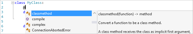 Screenshot, der die Decorator-Vervollständigung im Visual Studio-Editor zeigt.