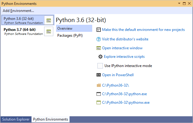 Erweiterte Ansicht des Fensters „Python-Umgebungen“