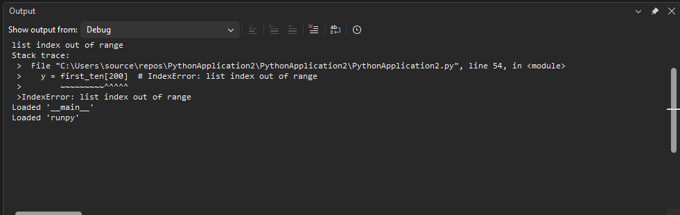 Screenshot, der die Debuggerprotokollierung im Ausgabefenster von Visual Studio anzeigt.