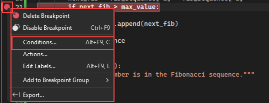 Screenshot, das zeigt, wie Sie die Option zum Konfigurieren der Bedingungen für einen Haltepunkt in Visual Studio auswählen.
