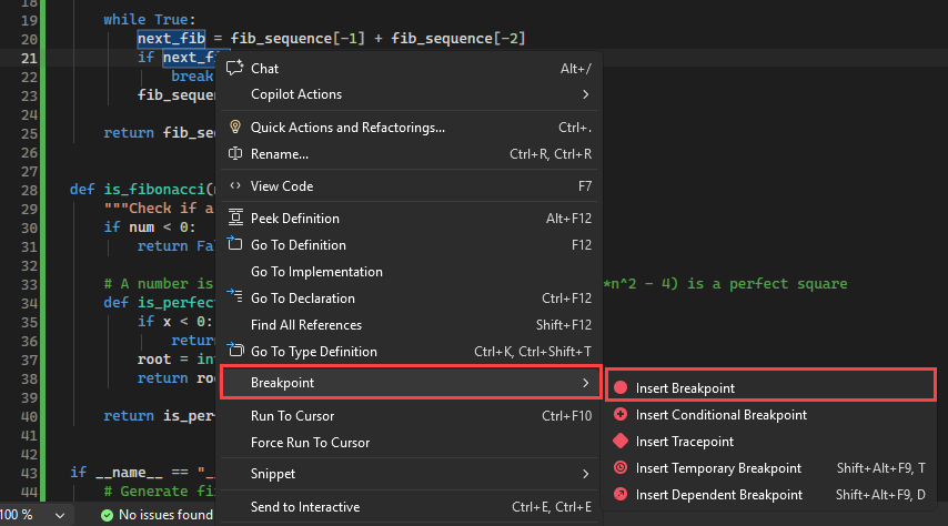Screenshot, der zeigt, wie Haltepunkte in der Codedatei am linken Rand in Visual Studio angezeigt werden.