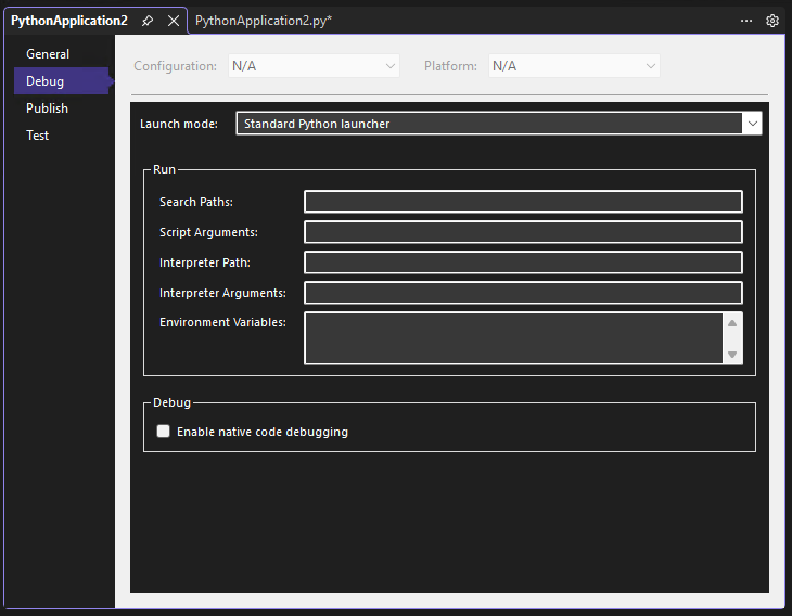 Screenshot mit den Python Projektdebugeigenschaften im Visual Studio debugger.
