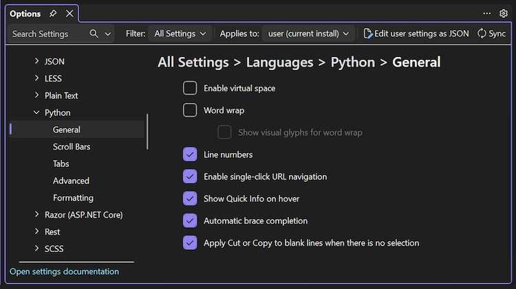 Screenshot der Kategorien von Sprachoptionen für Python und spezifische allgemeine Optionen in Visual Studio 2026.