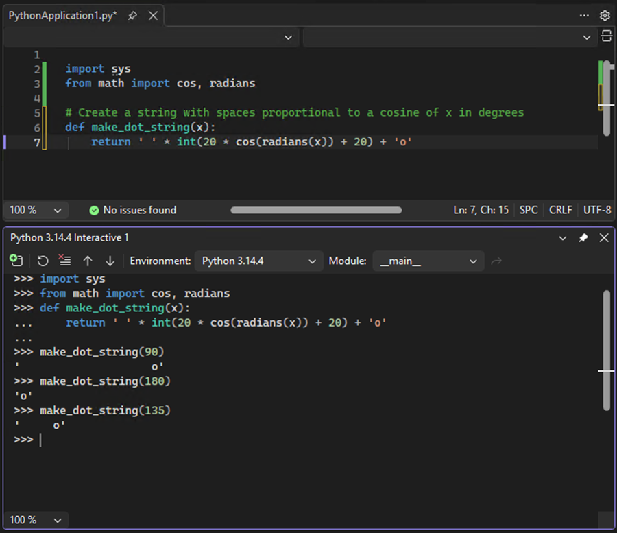 Screenshot, der zeigt, wie Sie einen Test des Funktionscodes ausführen, der an das interaktive Fenster in Visual Studio gesendet wird.