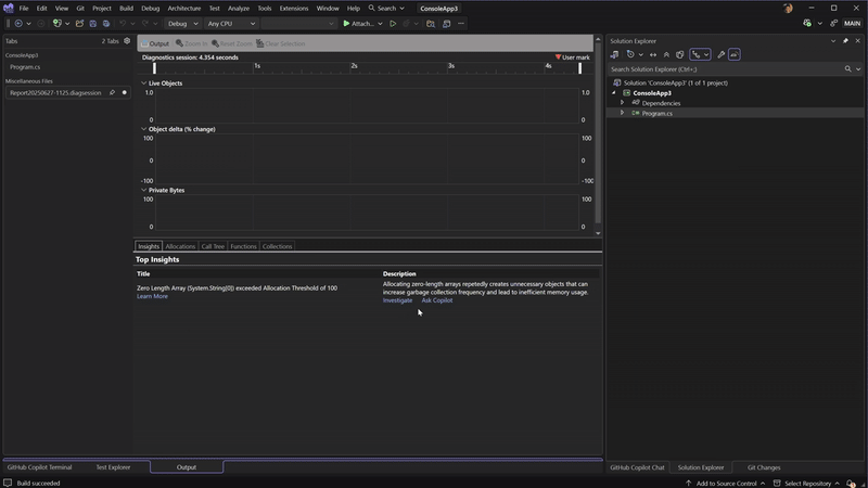 Video-Demonstration des .NET-Zuordnungstools mit Einblicken in Null-Längen-Arrays und Copilot, der detaillierte Analyse- und Optimierungsvorschläge stellt.