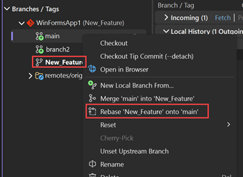 Screenshot: Ausführen eines Rebases von Branches in Visual Studio
