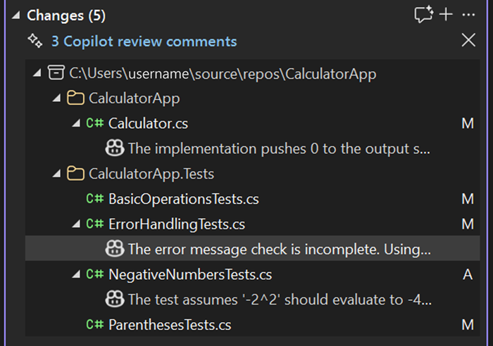 Screenshot mit Codeüberprüfungskommentaren für jede Datei im Git-Fenster 