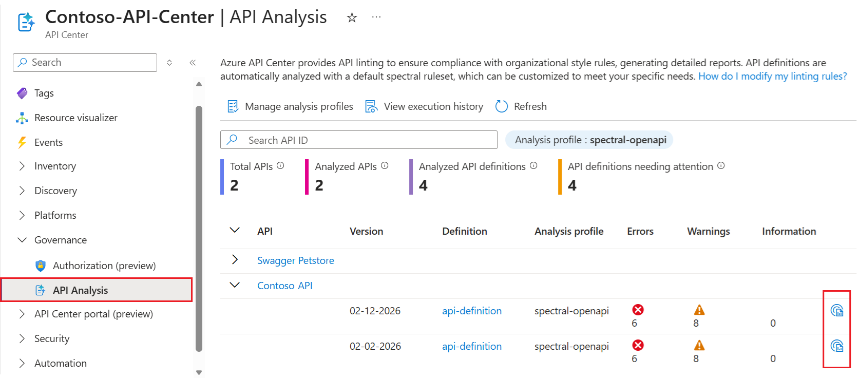 Screenshot of the API analysis summary in the portal.