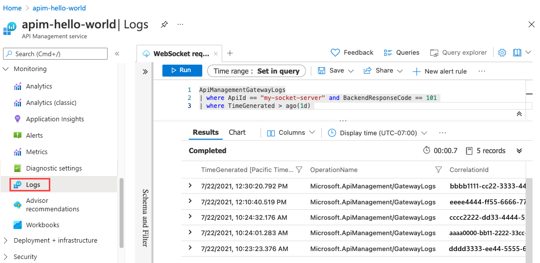 Screenshot showing query logs for WebSocket API requests.