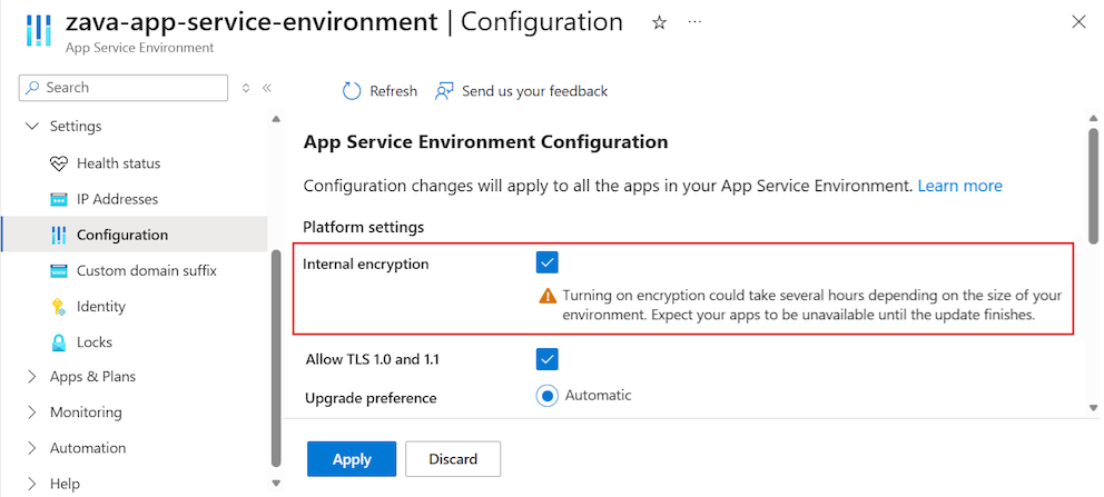 Screenshot that shows how to enable internal encryption for the App Service Environment in the Azure portal.