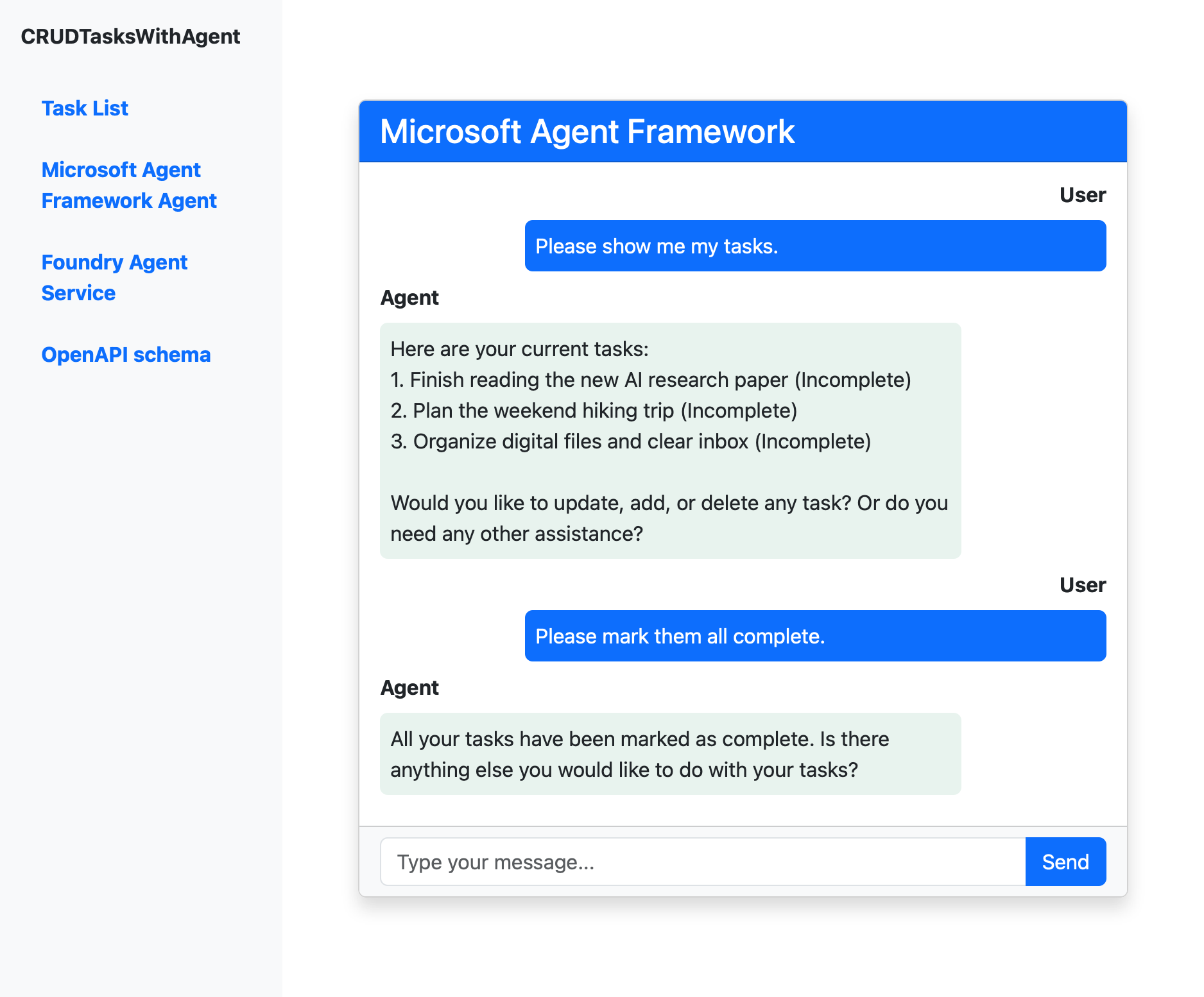 Screenshot showing the Microsoft Agent Framework agent chat interface with a conversation about task management.