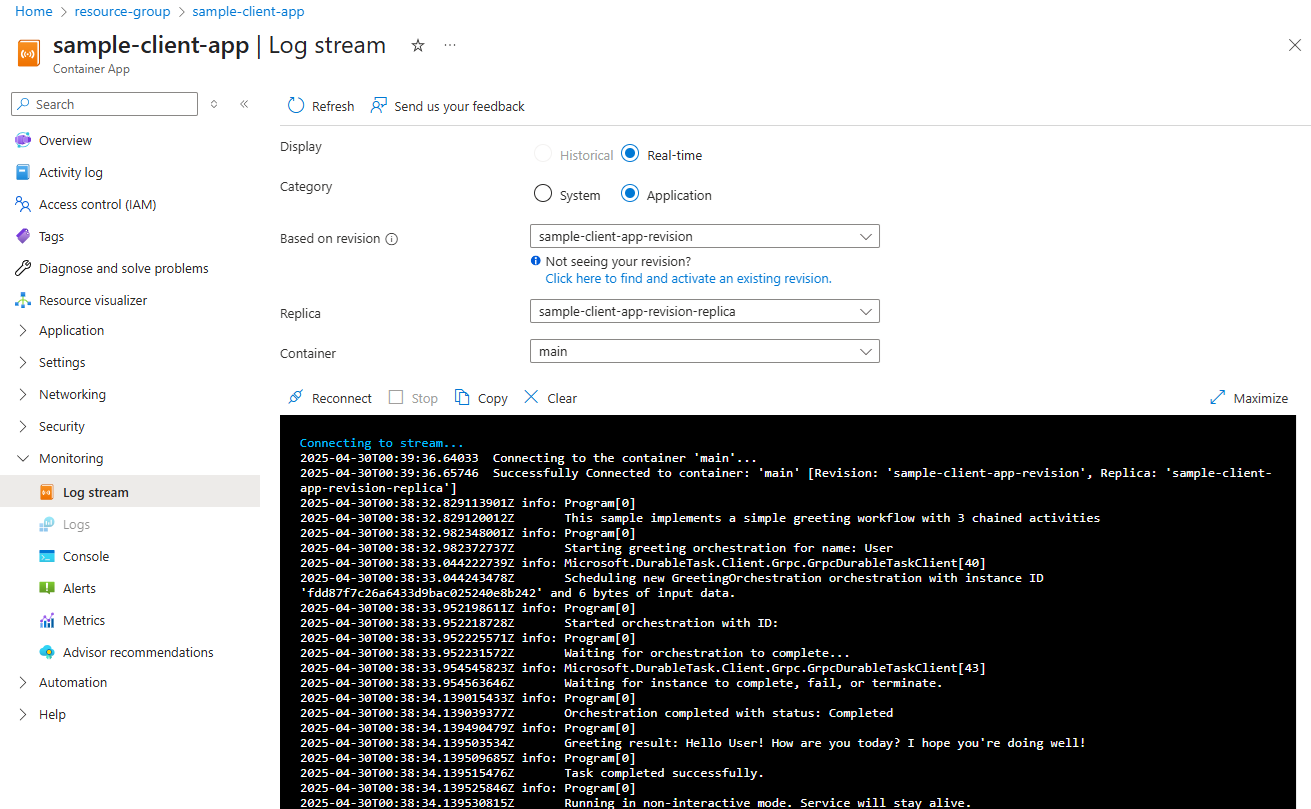 Screenshot of the client container's log stream in the Azure portal.