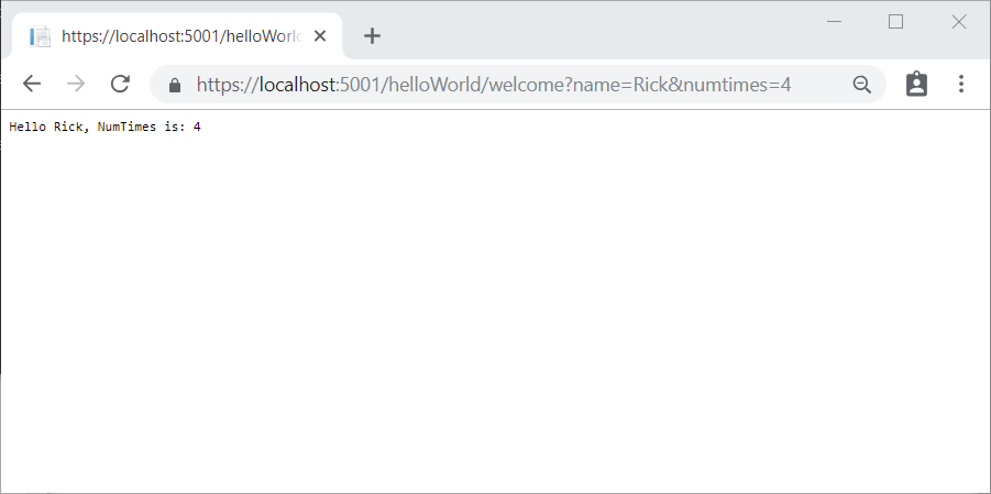 Browser window showing an application response of Hello Rick, NumTimes is 4.