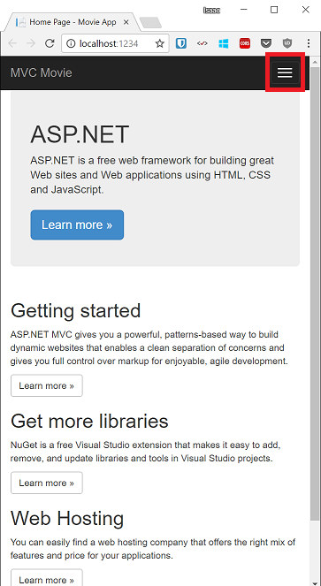 Screenshot that shows the A S P dot NET Home Page in a smaller display window. The three lines indicating the navigation menu are circled in red.