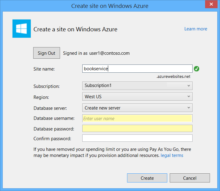 Screenshot of the Create site on Windows Azure dialog with the Database username and Database password fields highlighted in yellow.