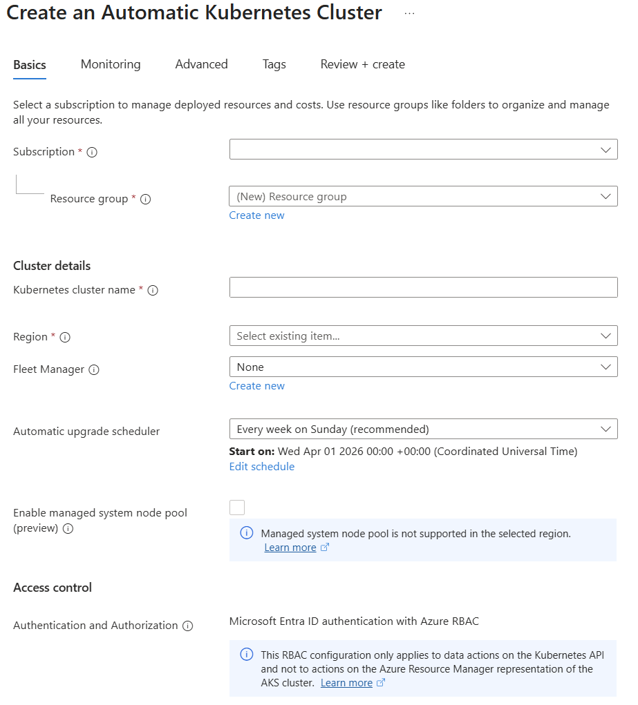 The screenshot of the Create - Basics Tab for an AKS Automatic cluster in the Azure portal.